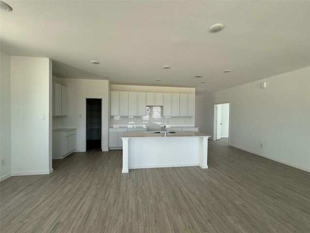 3000 Ruby Ridge Dr, Katy, TX 77493 - kitchen with wood finished floors, an island with sink, open floor plan, a textured ceiling, and tasteful backsplash