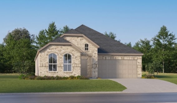 3000 Ruby Ridge Dr, Katy, TX 77493 - view of front facade with an attached garage, driveway, a front yard, and stone siding