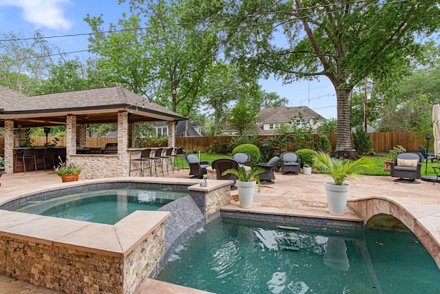 8706 Ashridge Park Dr, Spring, TX 77379 - view of pool featuring a fenced backyard, a gazebo, an in-ground hot tub, and a patio area
