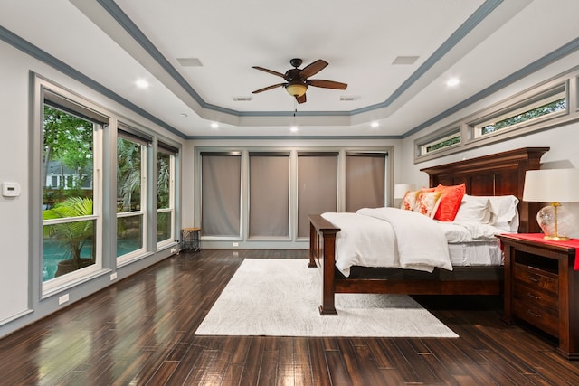 8706 Ashridge Park Dr, Spring, TX 77379 - bedroom with a raised ceiling, ornamental molding, wood finished floors, and ceiling fan