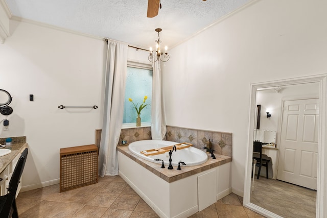 8706 Ashridge Park Dr, Spring, TX 77379 - full bath with vanity, a garden tub, a textured ceiling, a chandelier, and a ceiling fan