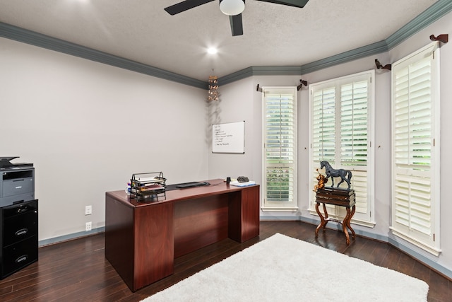 8706 Ashridge Park Dr, Spring, TX 77379 - office space with dark wood-style floors, crown molding, ceiling fan, and a textured ceiling