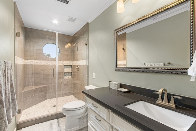 8706 Ashridge Park Dr, Spring, TX 77379 - full bathroom featuring vanity, a shower stall, crown molding, and recessed lighting