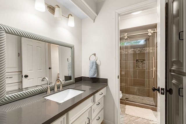 8706 Ashridge Park Dr, Spring, TX 77379 - full bathroom featuring vanity, a stall shower, and crown molding