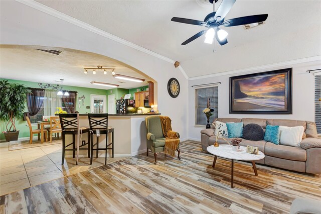 394 Sherandoe Ln, Alvin, TX 77511 - living area featuring light wood-style floors, a ceiling fan, ornamental molding, vaulted ceiling, and arched walkways