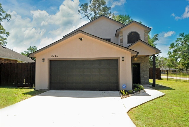 2713 Druid St, Houston, TX 77091 - view of front facade with stucco siding, an attached garage, stone siding, and concrete driveway