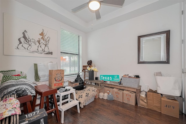2401 Crawford St Unit C2A, Houston, TX 77004 - home office featuring wood finished floors, a ceiling fan, and a tray ceiling