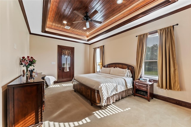 2830 Airport Rd, Brenham, TX 77833 - bedroom with a tray ceiling, crown molding, light colored carpet, recessed lighting, and ceiling fan
