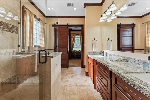 2830 Airport Rd, Brenham, TX 77833 - full bath featuring crown molding, double vanity, and a stall shower