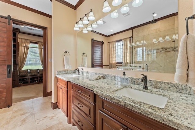 2830 Airport Rd, Brenham, TX 77833 - full bath featuring ornamental molding, double vanity, a shower stall, and tile patterned floors