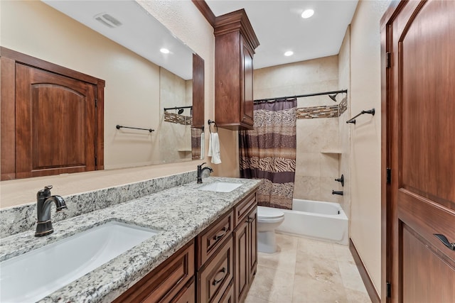 2830 Airport Rd, Brenham, TX 77833 - bathroom featuring double vanity, shower / bath combination with curtain, recessed lighting, and tile patterned floors