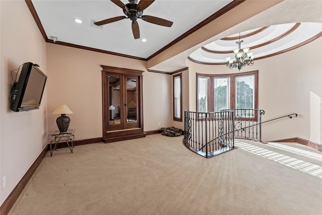 2830 Airport Rd, Brenham, TX 77833 - unfurnished room with an upstairs landing, crown molding, light carpet, a chandelier, and recessed lighting