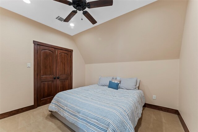 2830 Airport Rd, Brenham, TX 77833 - carpeted bedroom with vaulted ceiling, a ceiling fan, and recessed lighting