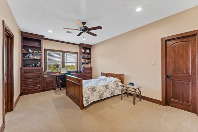 2830 Airport Rd, Brenham, TX 77833 - bedroom featuring light carpet, a desk, recessed lighting, and a ceiling fan