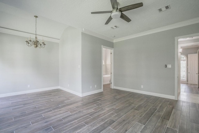 6302 Laver Love Dr, Spring, TX 77379 - unfurnished room featuring ceiling fan, wood finished floors, a chandelier, a textured ceiling, and ornamental molding