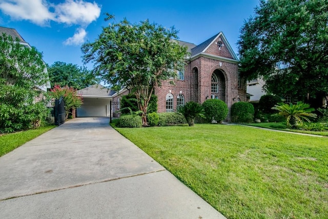 6302 Laver Love Dr, Spring, TX 77379 - view of front of house with brick siding, a front yard, driveway, and a carport