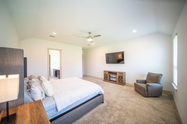 127 Dorado Dr, Friendswood, TX 77546 - carpeted bedroom with lofted ceiling, recessed lighting, ceiling fan, and connected bathroom
