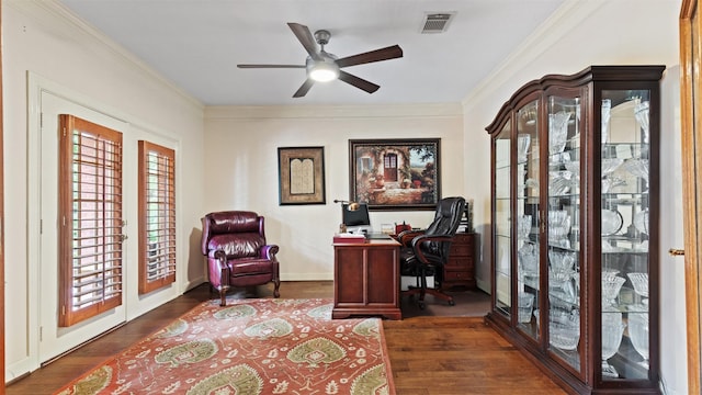 37703 Edgewater Dr, Pinehurst, TX 77362 - office space featuring ceiling fan, wood finished floors, and ornamental molding