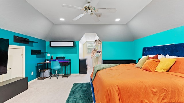 37703 Edgewater Dr, Pinehurst, TX 77362 - carpeted bedroom with vaulted ceiling, ceiling fan, and an office area