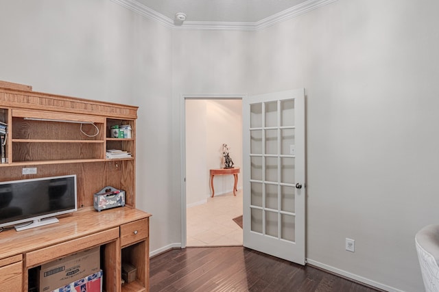 2954 Smokey Forest Ln, Spring, TX 77386 - office featuring ornamental molding and dark wood-style floors