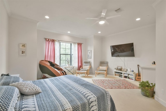 3937 Law St, Houston, TX 77005 - carpeted bedroom with recessed lighting, crown molding, and ceiling fan
