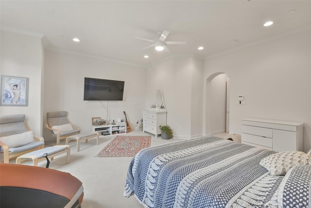 3937 Law St, Houston, TX 77005 - carpeted bedroom featuring arched walkways, ornamental molding, recessed lighting, and a ceiling fan