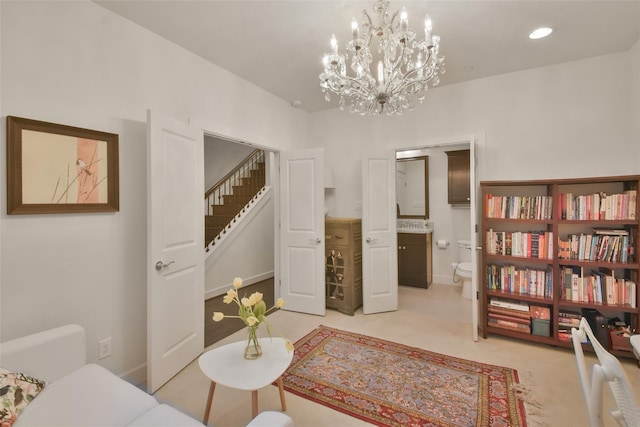3937 Law St, Houston, TX 77005 - living area featuring a chandelier, recessed lighting, and light carpet
