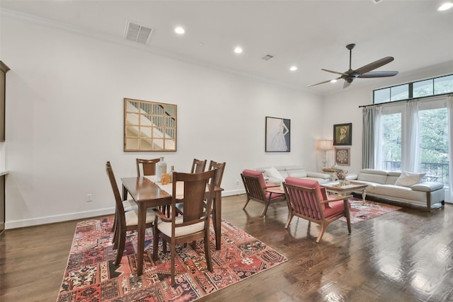 3937 Law St, Houston, TX 77005 - dining space featuring ceiling fan, recessed lighting, ornamental molding, and dark wood-style flooring