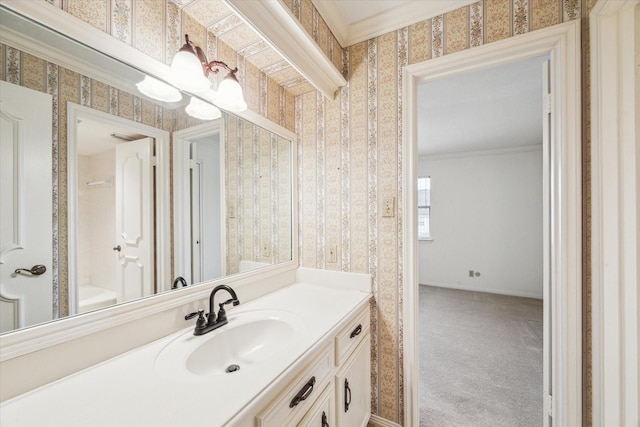 15718 Craighurst Dr, Houston, TX 77059 - full bathroom featuring vanity, ornamental molding, and wallpapered walls