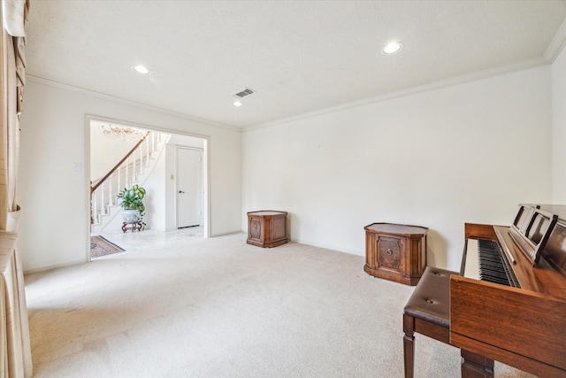 15718 Craighurst Dr, Houston, TX 77059 - unfurnished room with ornamental molding, carpet, recessed lighting, and stairway