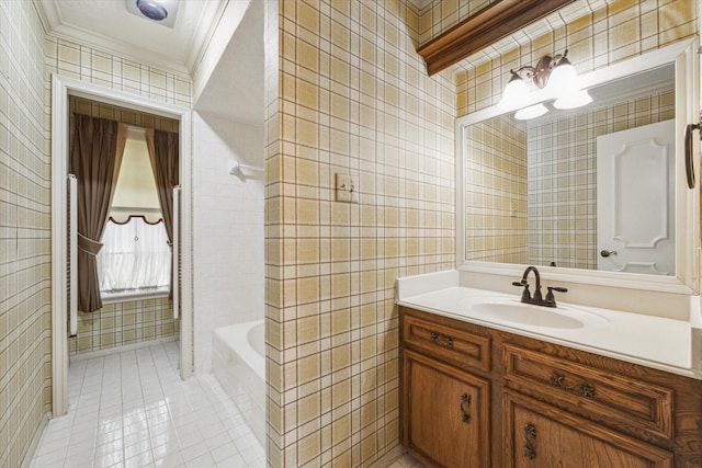 15718 Craighurst Dr, Houston, TX 77059 - full bath featuring tile patterned flooring, a chandelier, vanity, crown molding, and wallpapered walls
