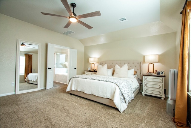 22118 Great Royal Ln, Houston, TX 77073 - bedroom featuring carpet flooring, lofted ceiling, connected bathroom, and ceiling fan