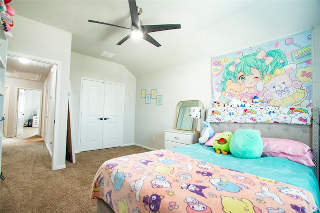 22118 Great Royal Ln, Houston, TX 77073 - bedroom featuring carpet flooring, a closet, vaulted ceiling, attic access, and a ceiling fan
