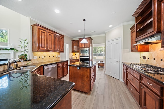 18882 Mystic Pt, Montgomery, TX 77356 - kitchen featuring appliances with stainless steel finishes, backsplash, recessed lighting, a kitchen island, and open shelves