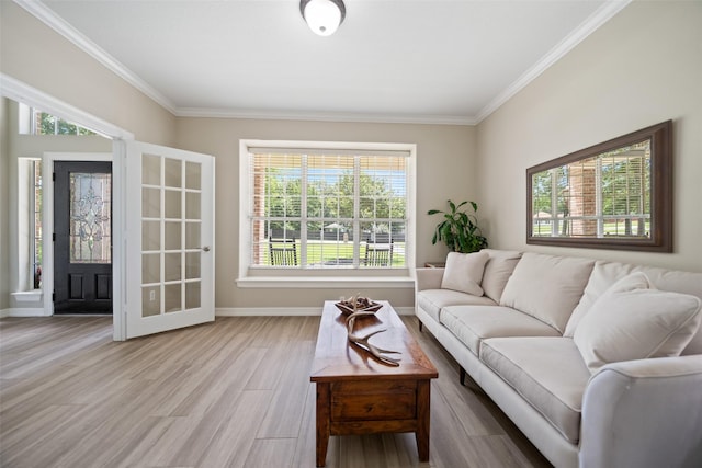 18882 Mystic Pt, Montgomery, TX 77356 - living area with plenty of natural light, ornamental molding, and light wood-style floors
