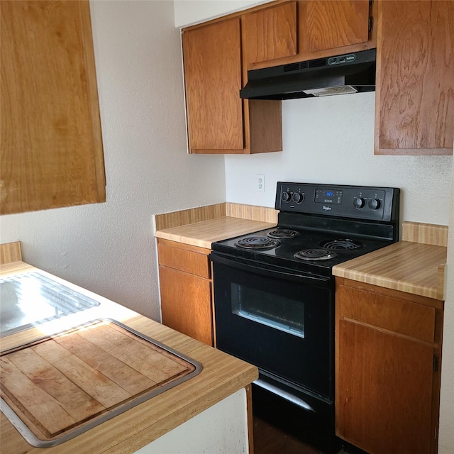 2021 Spenwick Dr Unit 511, Houston, TX 77055 - kitchen with black range with electric cooktop, under cabinet range hood, light countertops, and brown cabinets