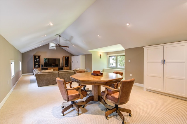 1121 Lashbrook Dr, Houston, TX 77077 - dining room with light carpet, lofted ceiling, and recessed lighting