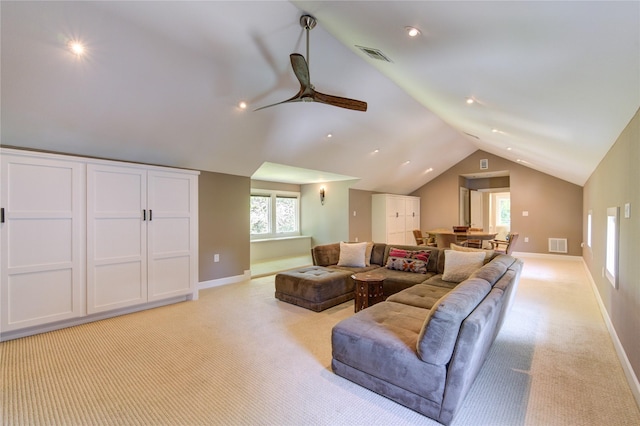 1121 Lashbrook Dr, Houston, TX 77077 - living area with vaulted ceiling, light colored carpet, a ceiling fan, and recessed lighting