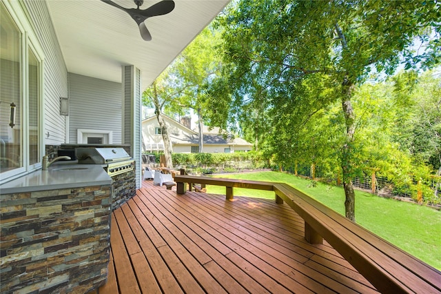 1121 Lashbrook Dr, Houston, TX 77077 - wooden deck with area for grilling, a fenced backyard, and ceiling fan