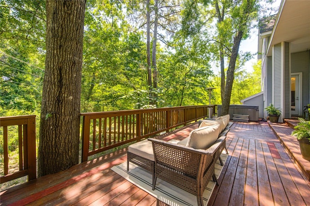 1121 Lashbrook Dr, Houston, TX 77077 - wooden deck featuring a hot tub and outdoor lounge area