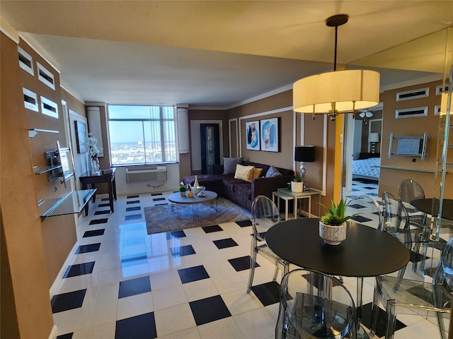7510 Hornwood Dr Unit 1606, Houston, TX 77036 - living room featuring a wall unit AC and ornamental molding