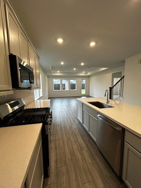 1127 Buffalo Run, Tomball, TX 77375 - kitchen featuring appliances with stainless steel finishes, dark wood-style floors, gray cabinetry, open floor plan, and light countertops