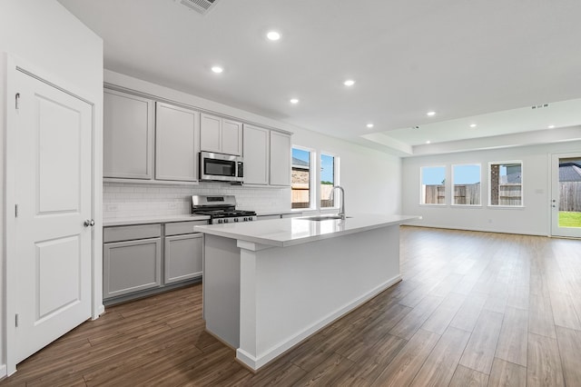 1127 Buffalo Run, Tomball, TX 77375 - kitchen featuring appliances with stainless steel finishes, gray cabinetry, wood finished floors, decorative backsplash, and a kitchen island with sink