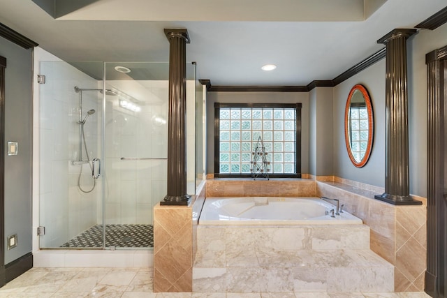 38 Hackberry Ln, Houston, TX 77027 - full bathroom with ornate columns, a garden tub, a stall shower, ornamental molding, and marble finish flooring