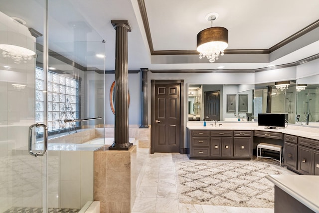 38 Hackberry Ln, Houston, TX 77027 - bathroom featuring crown molding, vanity, a stall shower, a raised ceiling, and a chandelier