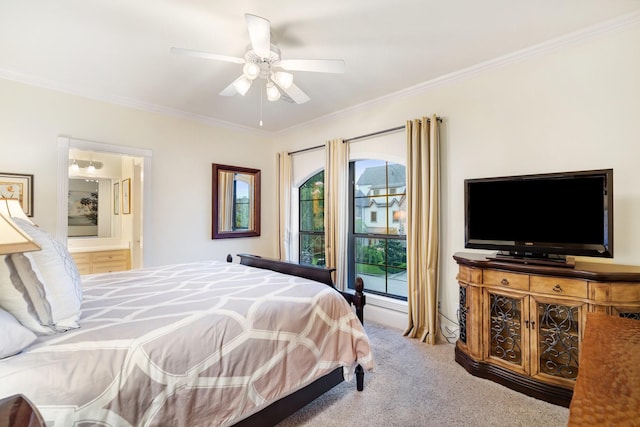 38 Hackberry Ln, Houston, TX 77027 - carpeted bedroom with crown molding, connected bathroom, and ceiling fan