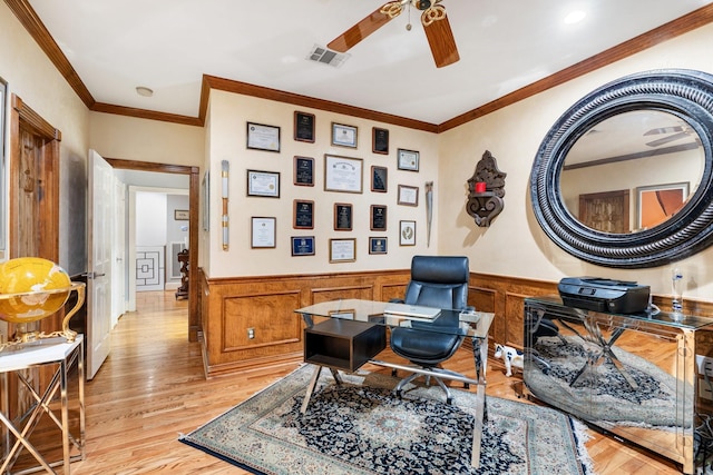 38 Hackberry Ln, Houston, TX 77027 - office with light wood-style floors, ceiling fan, wainscoting, and crown molding