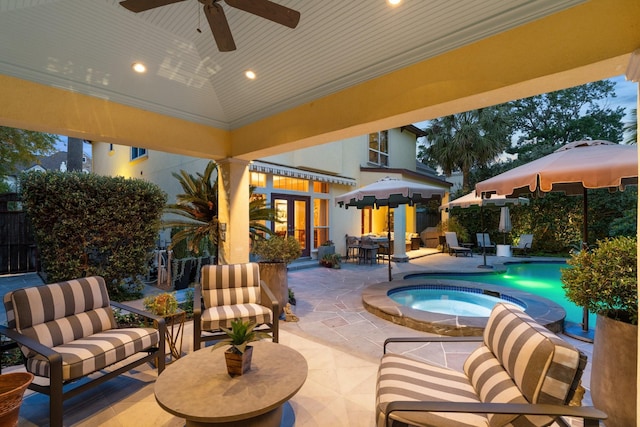 38 Hackberry Ln, Houston, TX 77027 - view of patio featuring an in-ground hot tub, outdoor lounge area, and ceiling fan