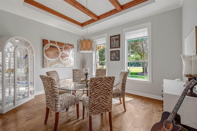 17817 Ranch House Rd, College Station, TX 77845 - dining space with beam ceiling, hardwood / wood-style floors, coffered ceiling, and crown molding