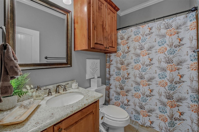 17817 Ranch House Rd, College Station, TX 77845 - bathroom with crown molding, vanity, and a shower with curtain